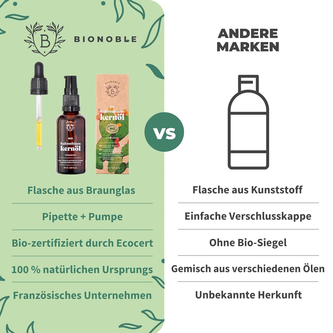 Bionoble Kaktusfeigenkernöl Bio 50ml - 100% Rein, Natürlich, Kaltgepresst - Gesicht, Körper, Haare,
