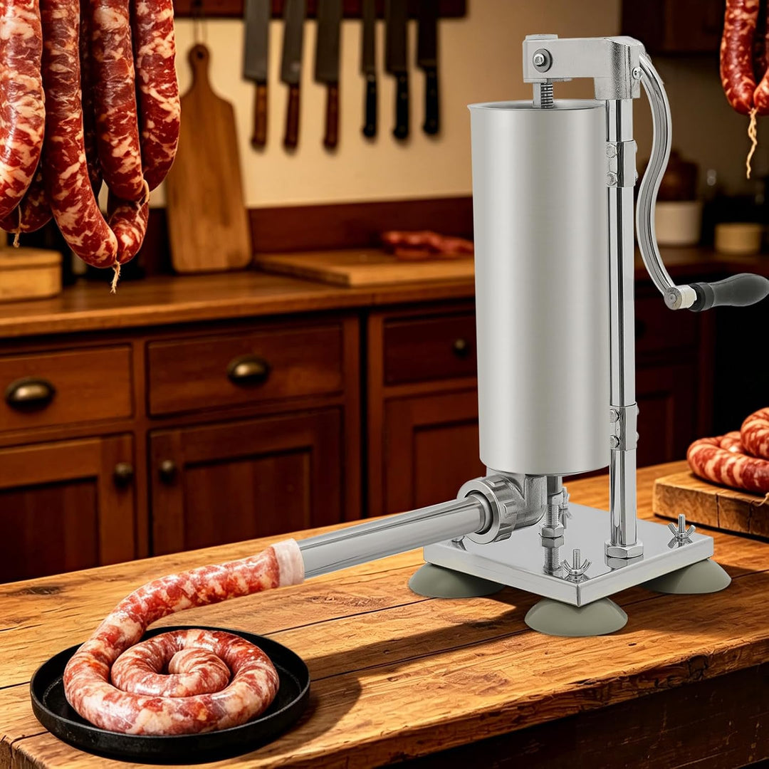 urstfüller 3L 6lbs manuell, vertikale Wurstfüllmaschine mit Edelstahl-Fass, Handkurbel, 4 Saugnäpfen