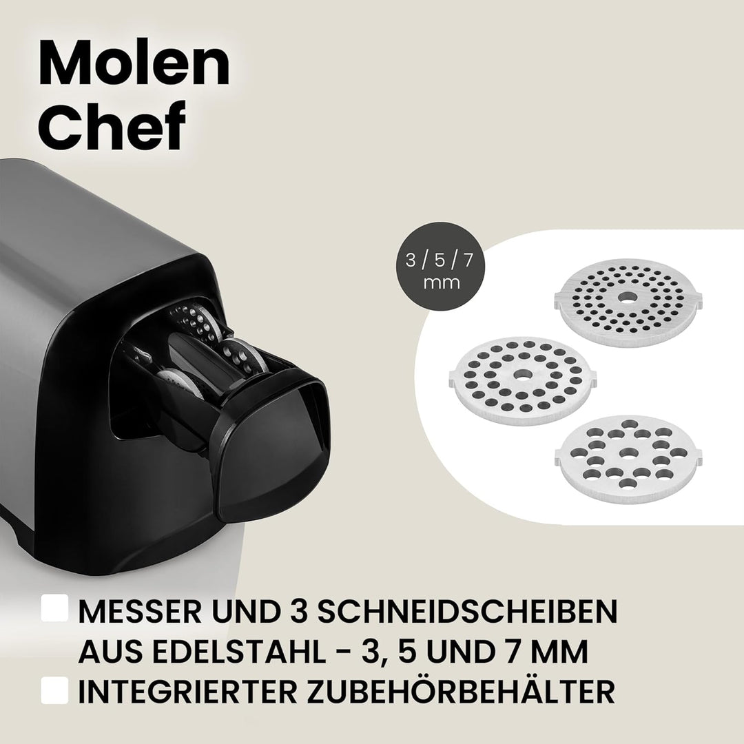ZEEGMA Molen Chef Elektrischer Fleischwolf, 1900 W mit 3 Schleifplatten aus Edelstahl, 3 kg/min, Wur