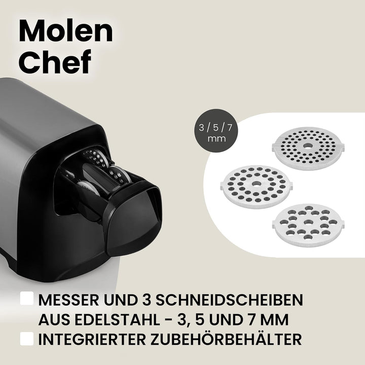 ZEEGMA Molen Chef Elektrischer Fleischwolf, 1900 W mit 3 Schleifplatten aus Edelstahl, 3 kg/min, Wur
