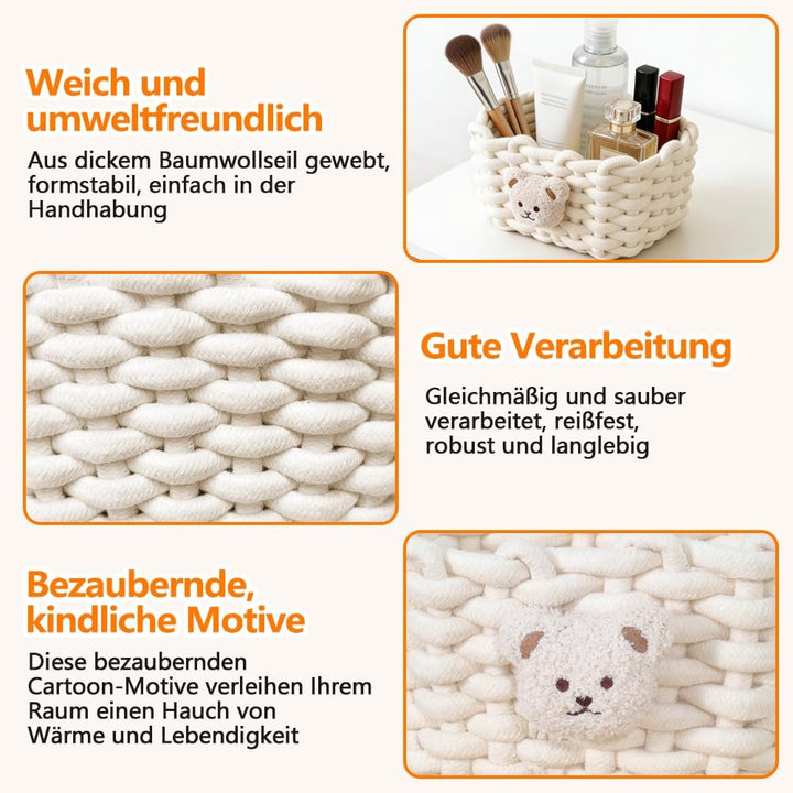 2 Stück Aufbewahrungskorb Geflochten mit Bärenmotiv Baumwolle Strickkorb, Häkelkorb, Klein Organizer