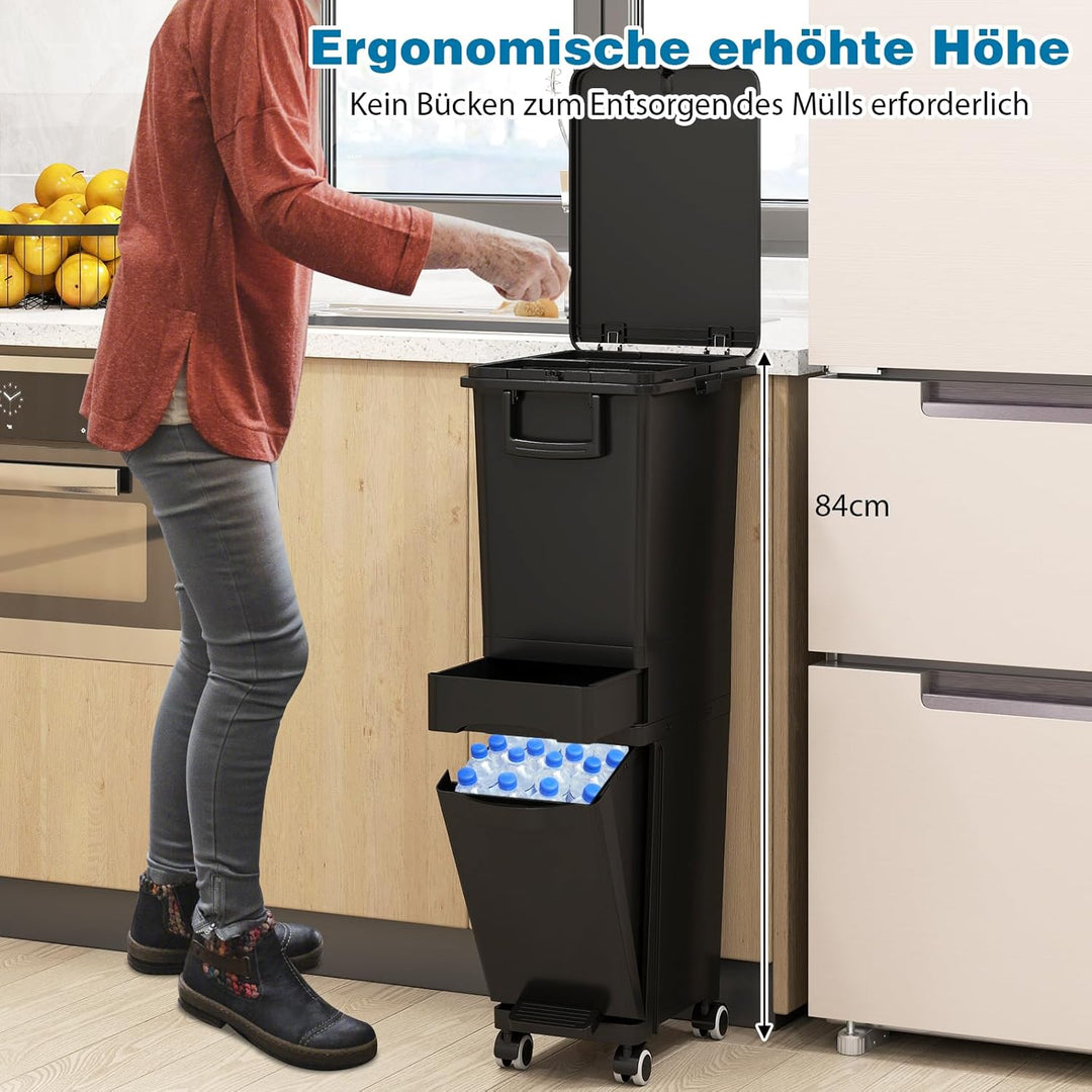 COSTWAY Mülleimer 3 Fächer, 32L Abfalleimer mit neigbarem Behälter, Schublade & Aufkleber, Tretmülle