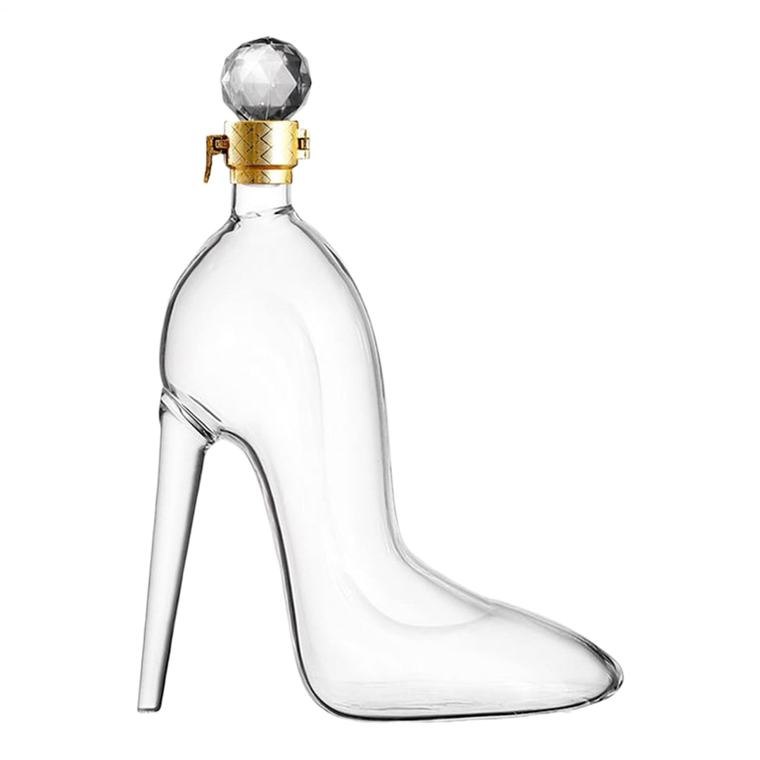 Weindekanter, hochhackige Schuhform, grosse Anwendung, Whiskyflasche mit Deckel, 350 ml, transparent