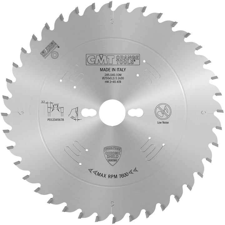 CMT Orange Tools Kreissägeblatt HW 250 x 3,2 / 2,2 x 30 Z=40 10° ATB - 285.040.10M - für Querschnitt