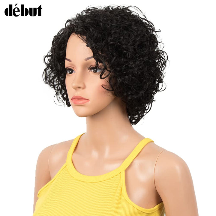 DÉBUT Kurze Bob Perücke mit Air Bangs Kurze lockige gewellte Echthaar Bob Perücke für Damen 25 cm 12