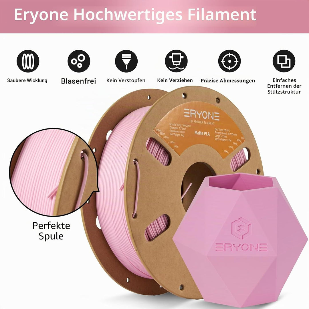 ERYONE Matte PLA 3D Drucker Filament 1.75mm, Massgenauigkeit +/- 0.03 mm, 1 kg 1 Spule, Matte Rosa