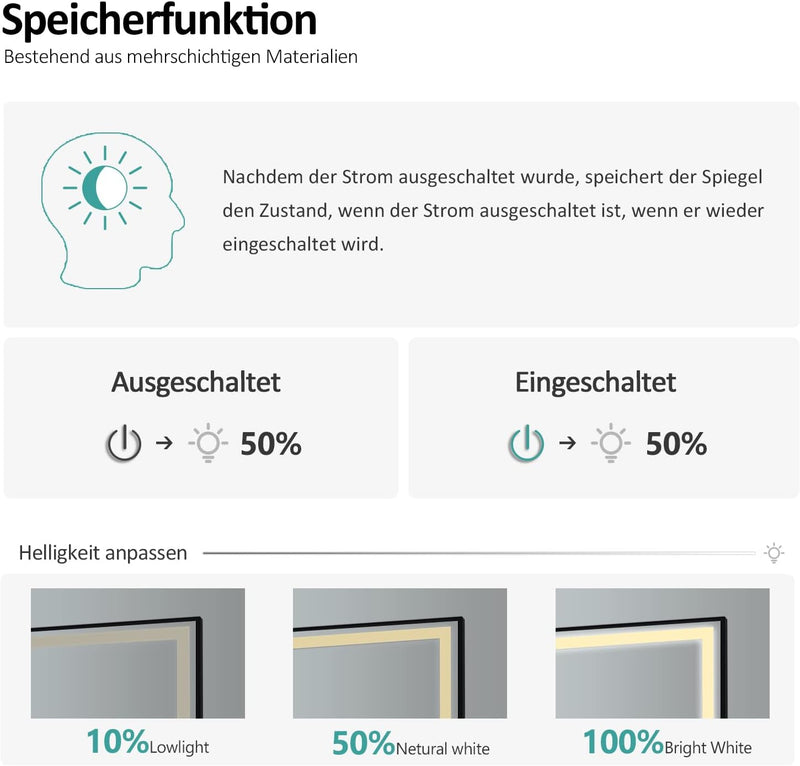 EMKE Badspiegel mit Beleuchtung 100x70cm, schwarzer Badezimmerspiegel mit Touch, Dimmbar, Antibeschl