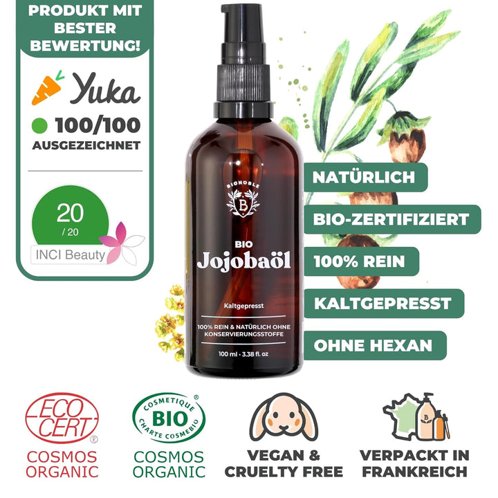 BIONOBLE Jojobaöl Bio Kaltgepresst 100% Rein - Reguliert Sebum, Pflegt Sanft, Anti-Pickel - Jojobaöl