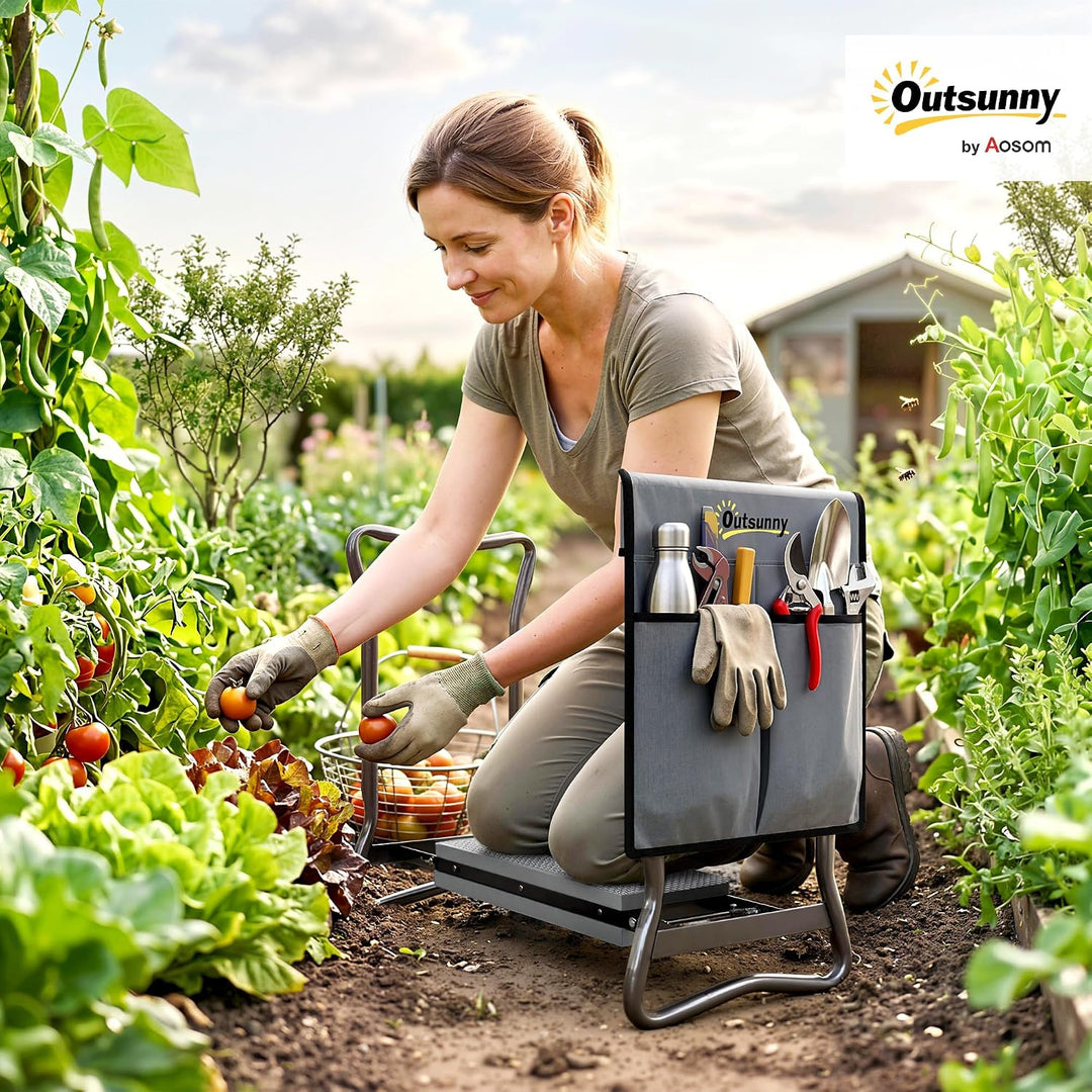 Outsunny Kniebank für Gartenarbeit klappbar Gartenhocker mit Kniekissen Werkzeugtaschen Polsterung K