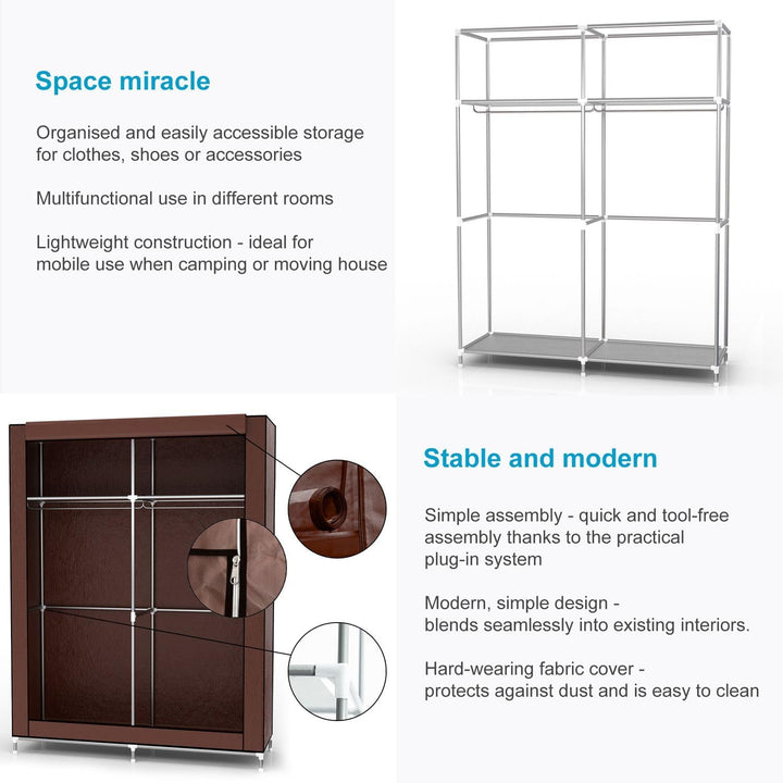 Faltschrank 108x45x170 cm in BRAUN - Stoffkleiderschrank mit Reissverschluss und Kleiderstange, Seit