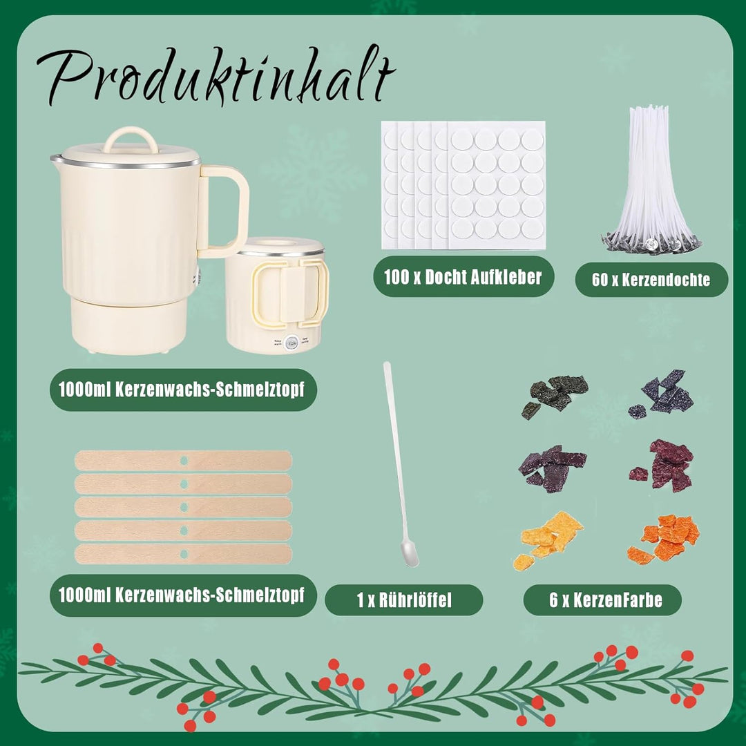 OKYUK Kerzen Selber Machen Set mit Wachsschmelzer, 1000ml Wachsschmelztopf mit Ausgiesser, 6 Kerzenf