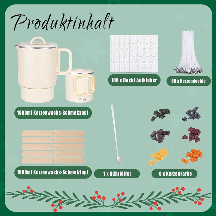 OKYUK Kerzen Selber Machen Set mit Wachsschmelzer, 1000ml Wachsschmelztopf mit Ausgiesser, 6 Kerzenf