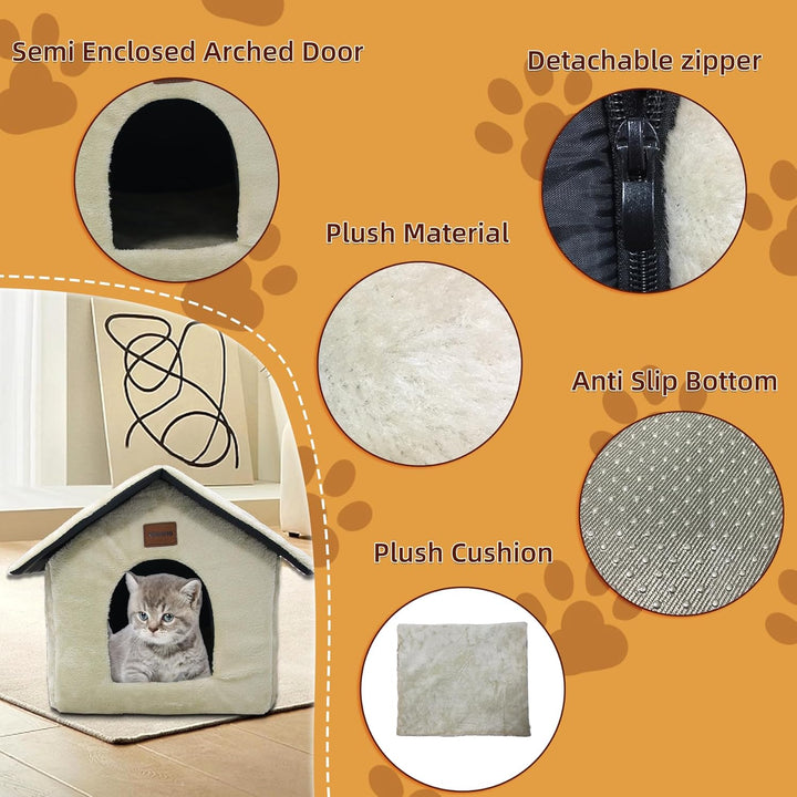 Plüsch Katzenhaus Katzenhöhlenbett mit Flauschiges Katzenkissen Tragbare Katzenhütte mit Rutschfeste