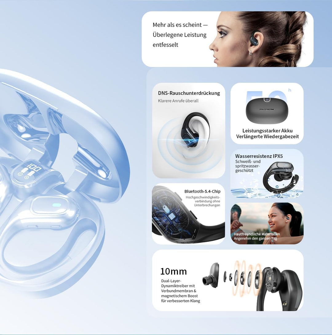 PORTENTUM Bluetooth kopfhörer Sport – LED-Anzeige – DNS Geräuschreduzierung – 50h Akku – Bluetooth 5