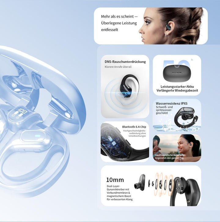 PORTENTUM Bluetooth kopfhörer Sport – LED-Anzeige – DNS Geräuschreduzierung – 50h Akku – Bluetooth 5