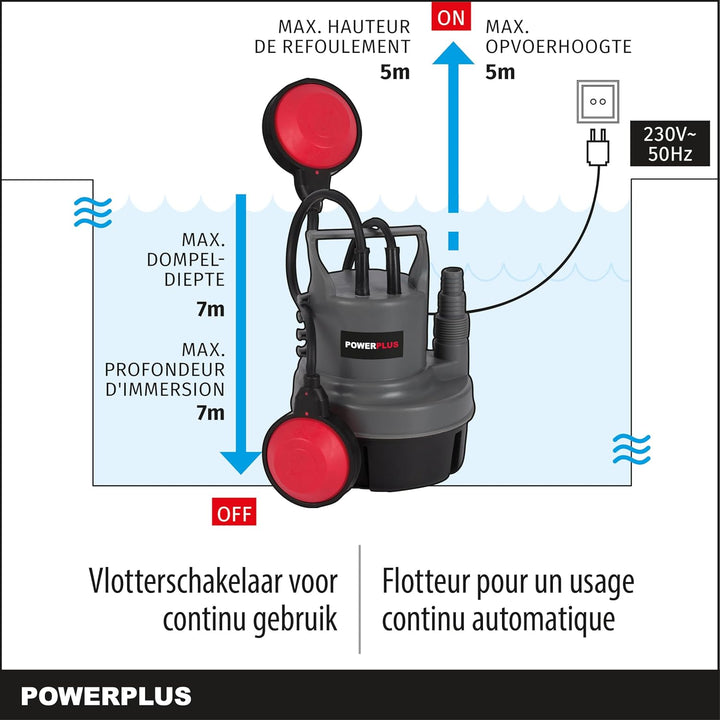 Powerplus Elektrische Wasserpumpe POWEW67900-200 W Tauchmotorpumpe, Maximaltemperatur 35°C und Förde