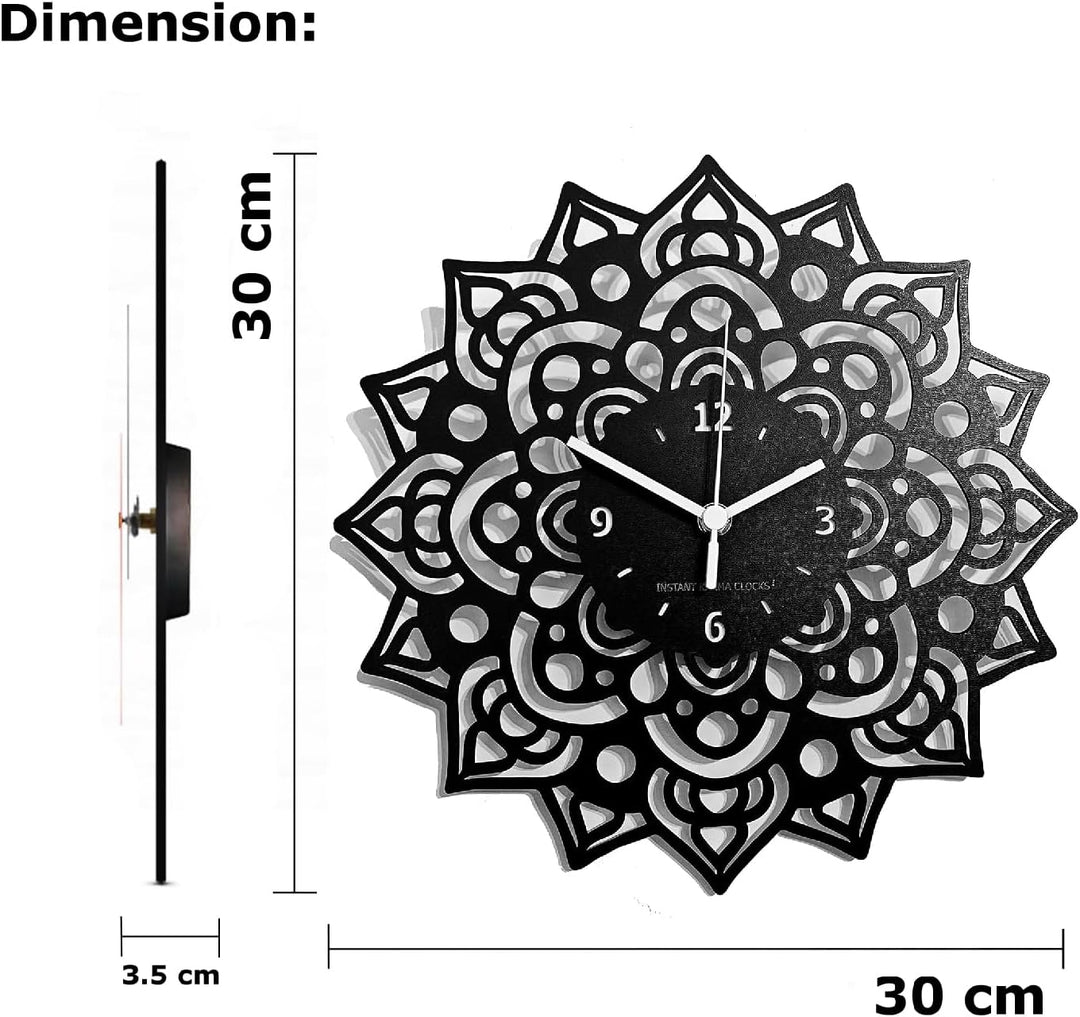 Instant Karma Clocks Wanduhr Mandala Blumen Kunstwerk Dekoration Chakra Kunst Geschenk, Schwarz, 30c