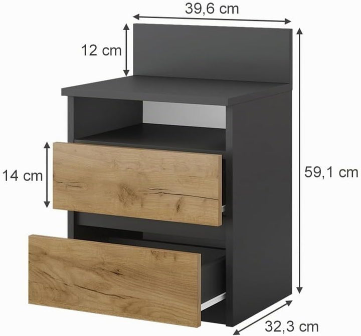 Vicco Nachttisch Monty, Anthrazit/Eiche, 39.6 x 59.1 cm 40 x 59 cm Einzeln Anthrazit, 40 x 59 cm Ein