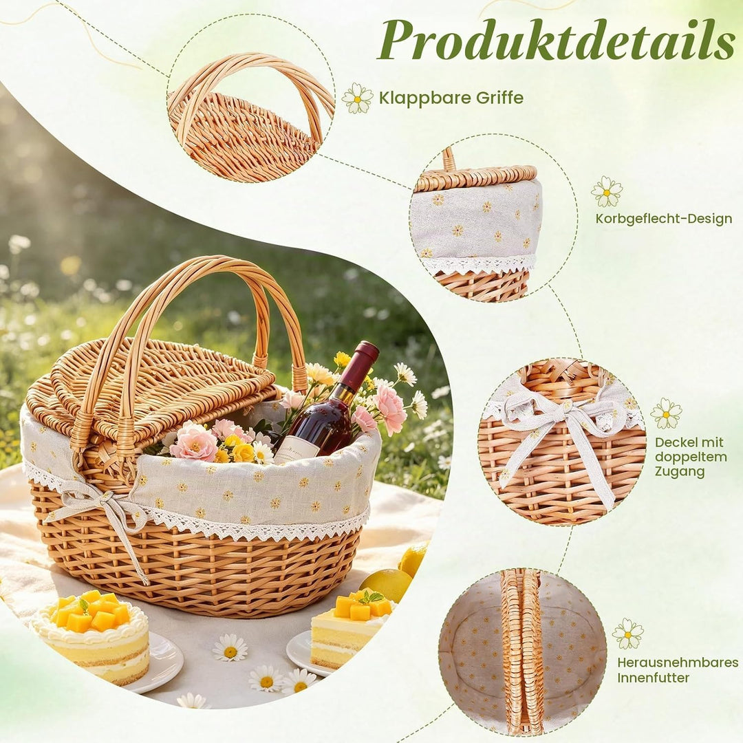 Picknickkorb,Picknickkorb 2 Personen mit Doppelt zu öffnendem Deckel und Klappbarem Griff,Picknick K