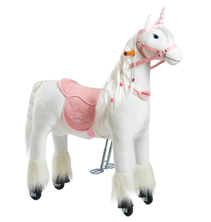 Ponnie Einhorn auf Rollen Merlin - Unicorn M mit rosa Sattel