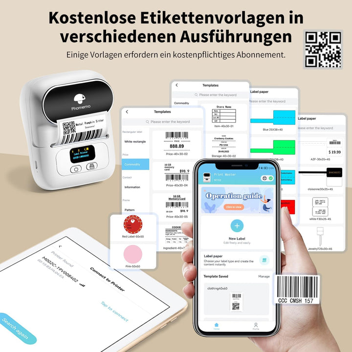 Phomemo M110 Etikettendrucker, Mini-Thermo-Aufkleber-Maschine,Handy Bluetooth Drucker für Barcode, K