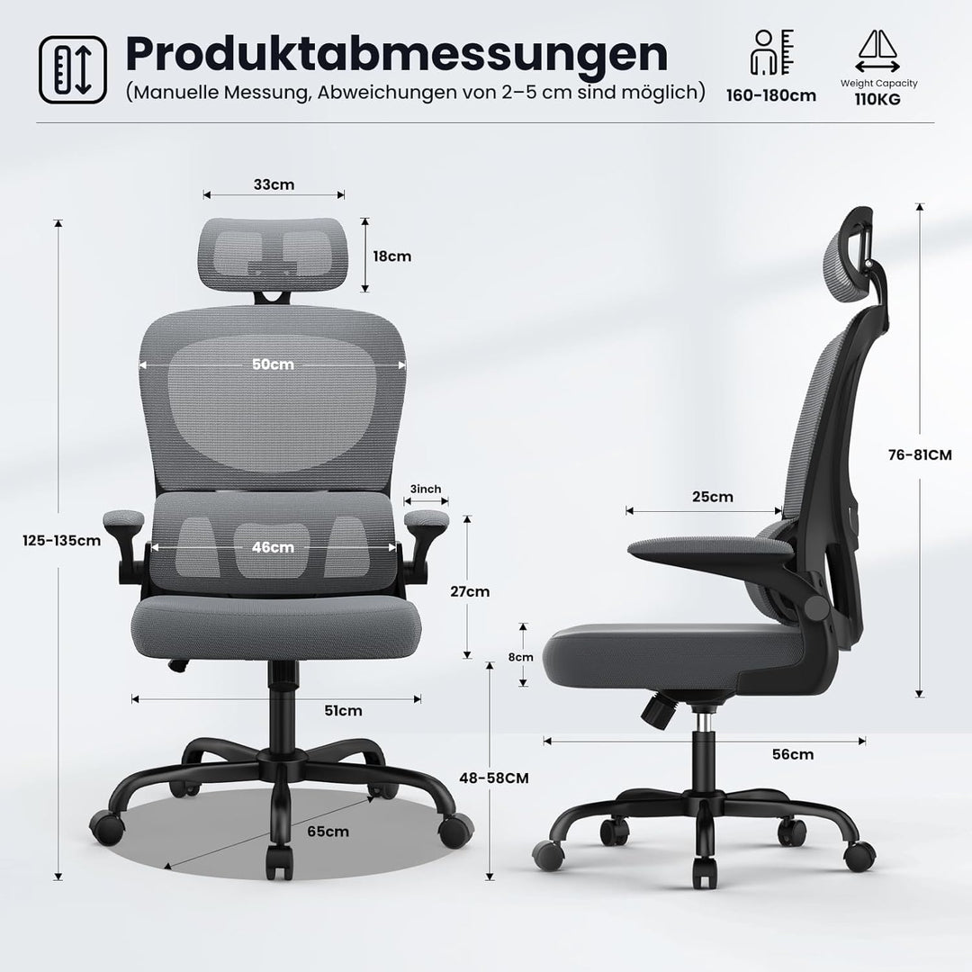 rattantree Ergonomischer Bürostuhl, Schreibtischstuhl mit Verstellbarer Kopfstütze und Armlehnen, C-