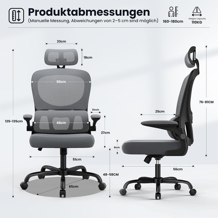 rattantree Ergonomischer Bürostuhl, Schreibtischstuhl mit Verstellbarer Kopfstütze und Armlehnen, C-