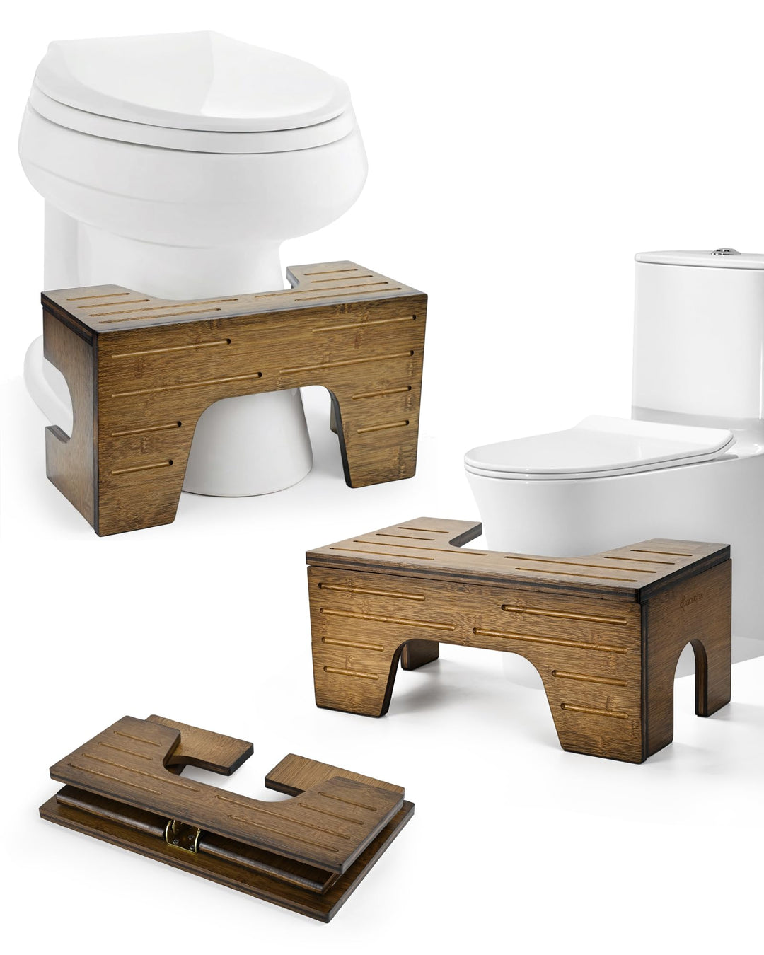 StrongTek Klappbarer Bambus Toilettenhocker - 2 Höhen 18/23 cm, Dunkelbraun