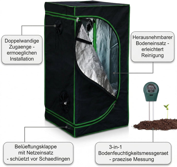 Mucola Growzelt 60x60x180 cm Set mit 3-in-1 Messgerät Zuchtzelt für Hydrokulturen zur Pflanzenzucht
