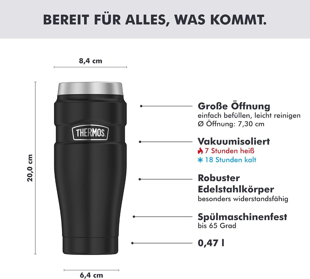 Thermos STAINLESS KING MUG 0,47l, charcoal black mat, Thermobecher schwarz 470ml, Kaffeebecher to go