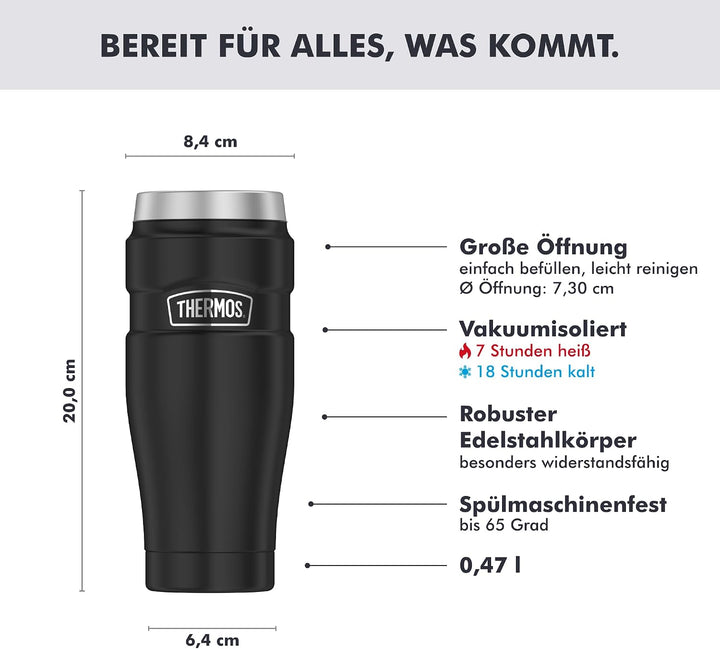 Thermos STAINLESS KING MUG 0,47l, charcoal black mat, Thermobecher schwarz 470ml, Kaffeebecher to go