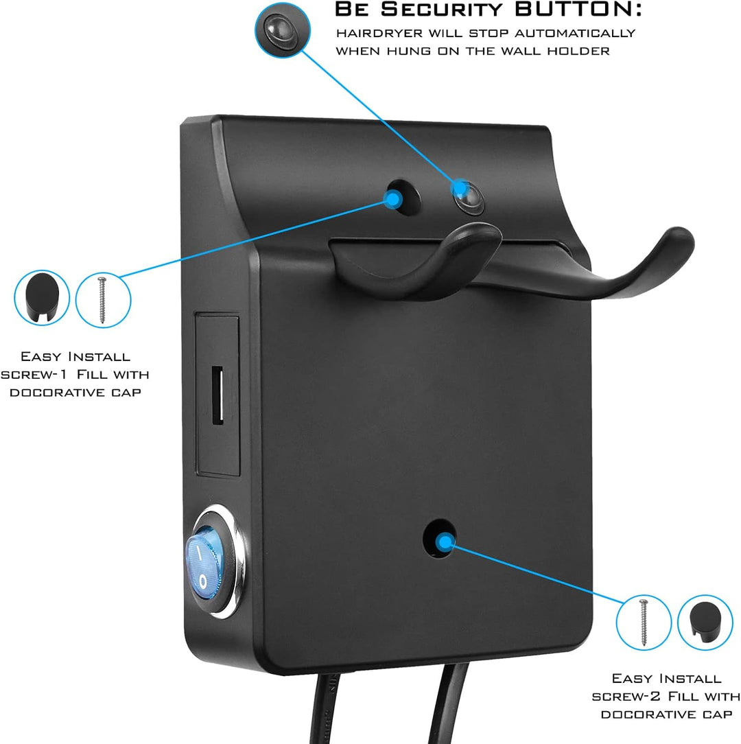 QL Haartrockner Ionen mit Wandhalterung und USB-Steckdose,Föhn mit ThermoProtect Technologie 2000wat