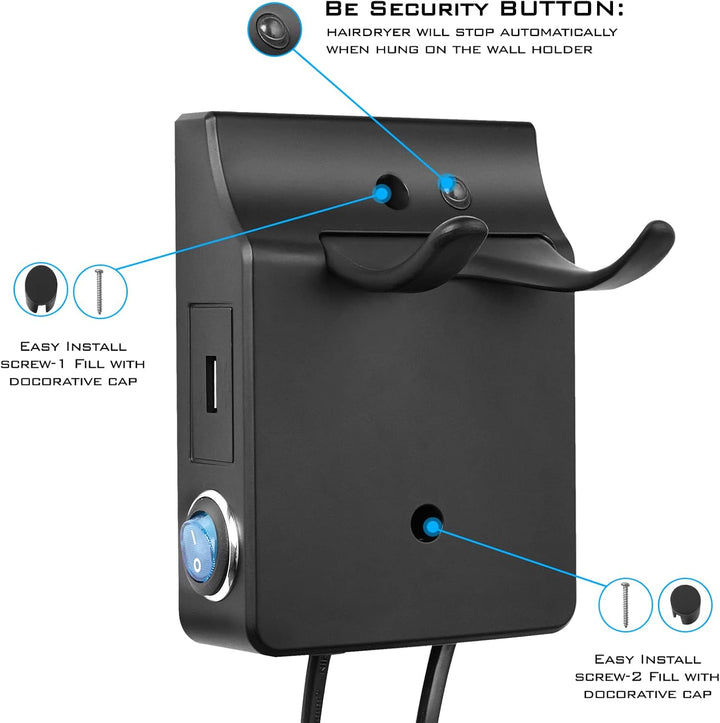 QL Haartrockner Ionen mit Wandhalterung und USB-Steckdose,Föhn mit ThermoProtect Technologie 2000wat