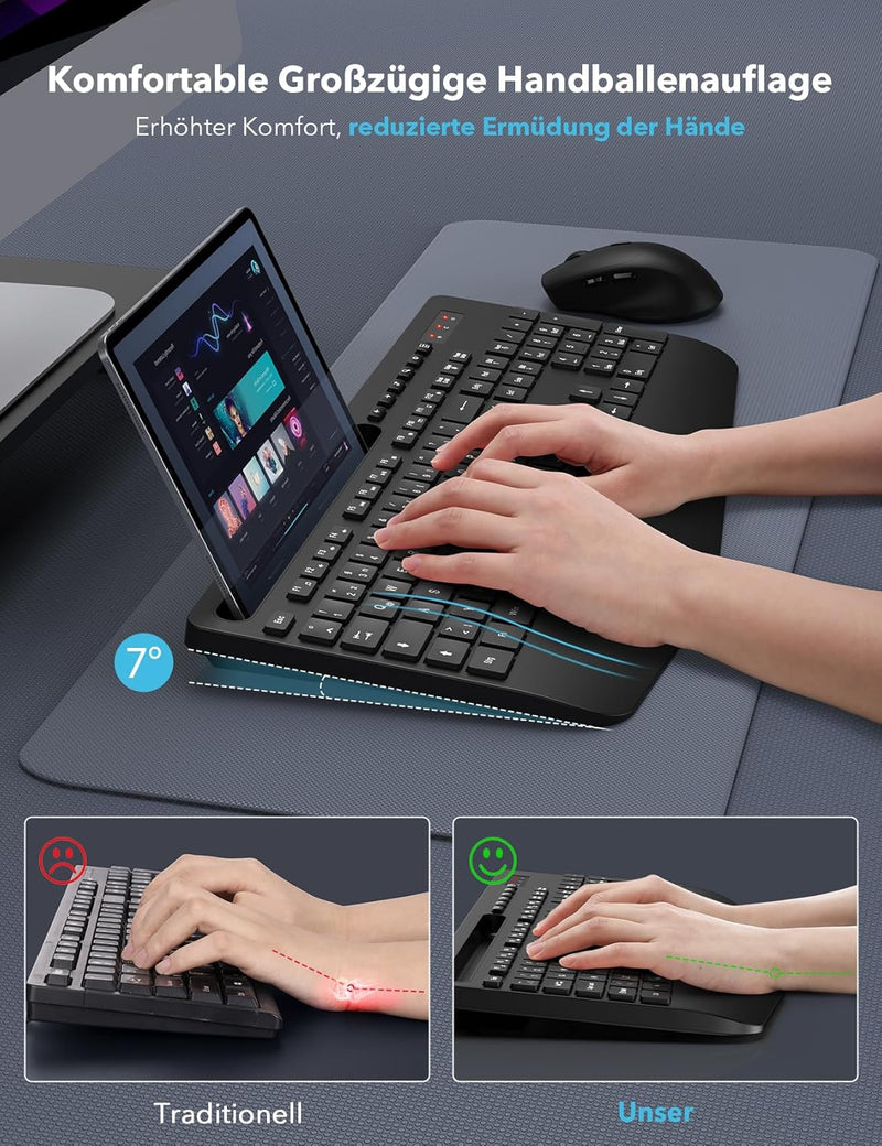 Tastatur Maus Set Kabellos, Ergonomische Tastatur in Voller Grösse mit Handgelenkauflage, Telefonhal