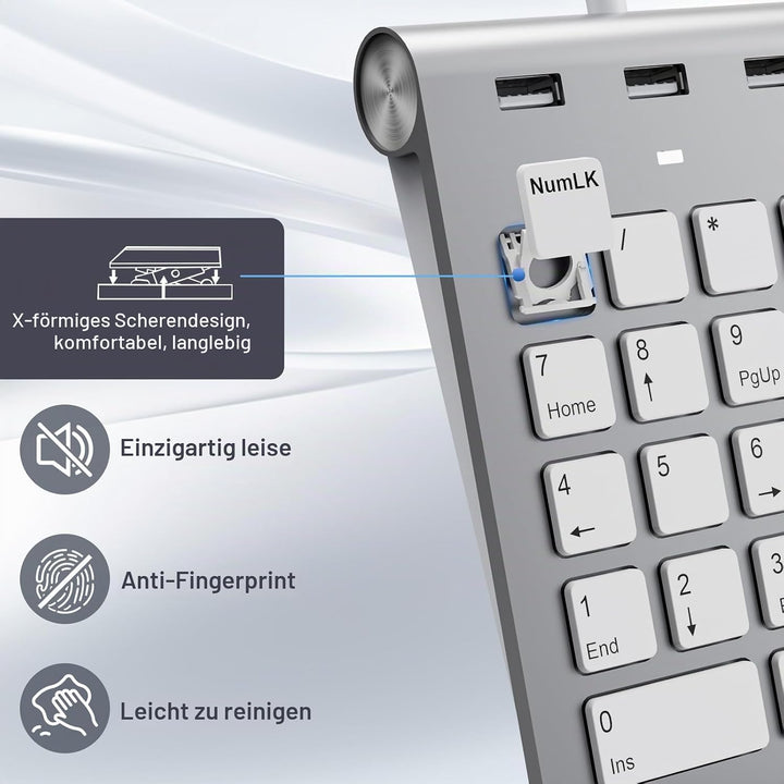 Ziffernblock mit USB A/USB C, Multifunktionstasten Nummernblock mit 3 zusätzlichen USB 2.0-Anschlüss