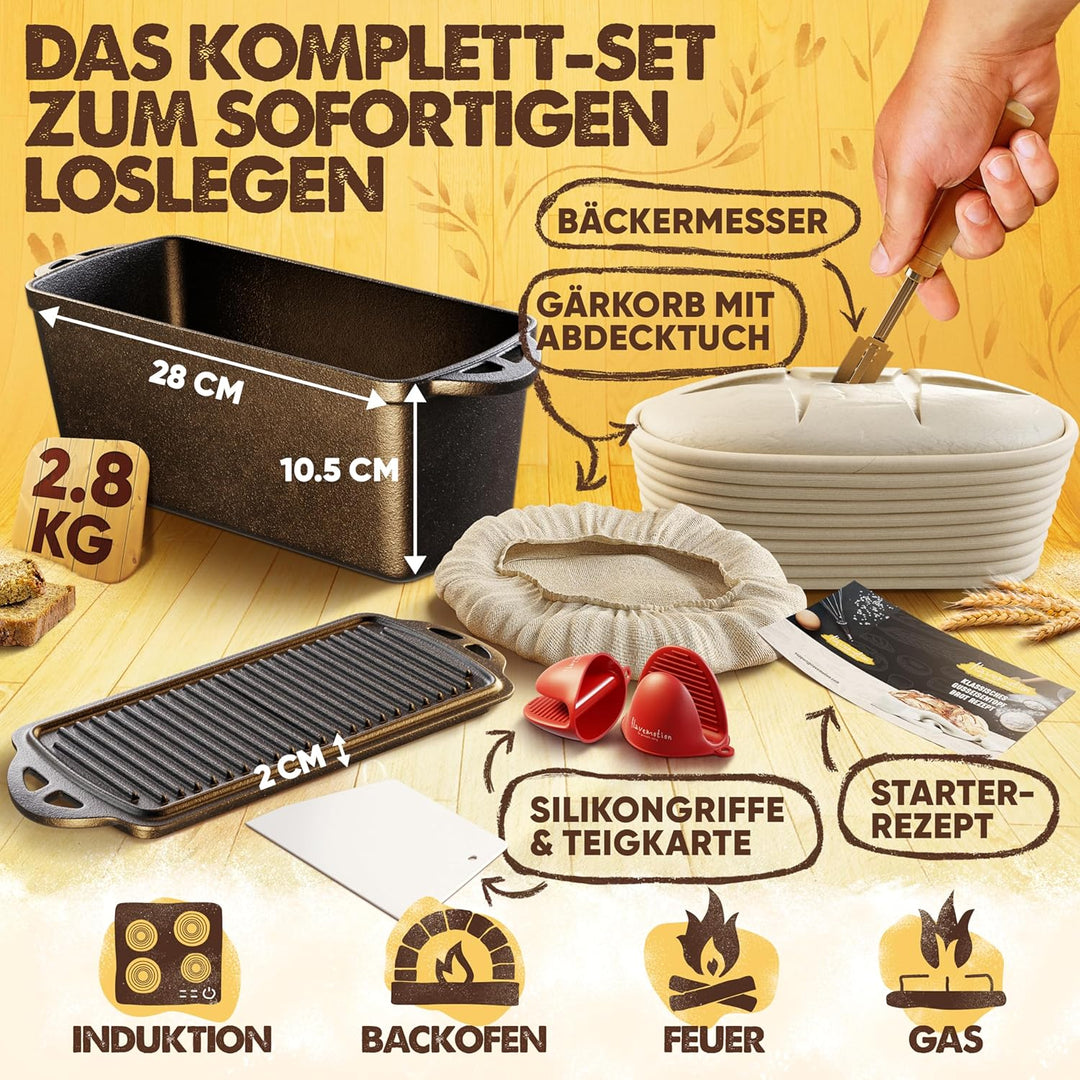 Flavemotion Brotbackform mit Deckel – Komplett-SET (Gärkörbchen, Bäckermesser, Teigkarte, Starter-Re