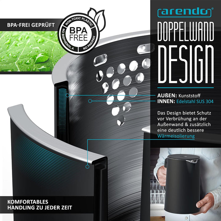 Arendo - Set Wasserkocher ELEGANT mit Eierkocher SIXCOOK Edelstahl Schwarz, Wasserkocher 1,5L 40° -