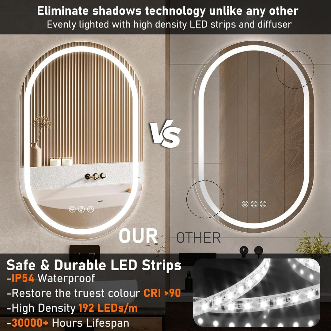 Bluetooth Ovaler Badspiegel mit Beleuchtung LED, 50x80cm Spiegel mit Light, Wandspiegel Oval mit Fro
