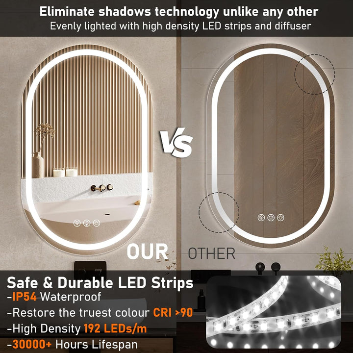 Bluetooth Ovaler Badspiegel mit Beleuchtung LED, 50x80cm Spiegel mit Light, Wandspiegel Oval mit Fro