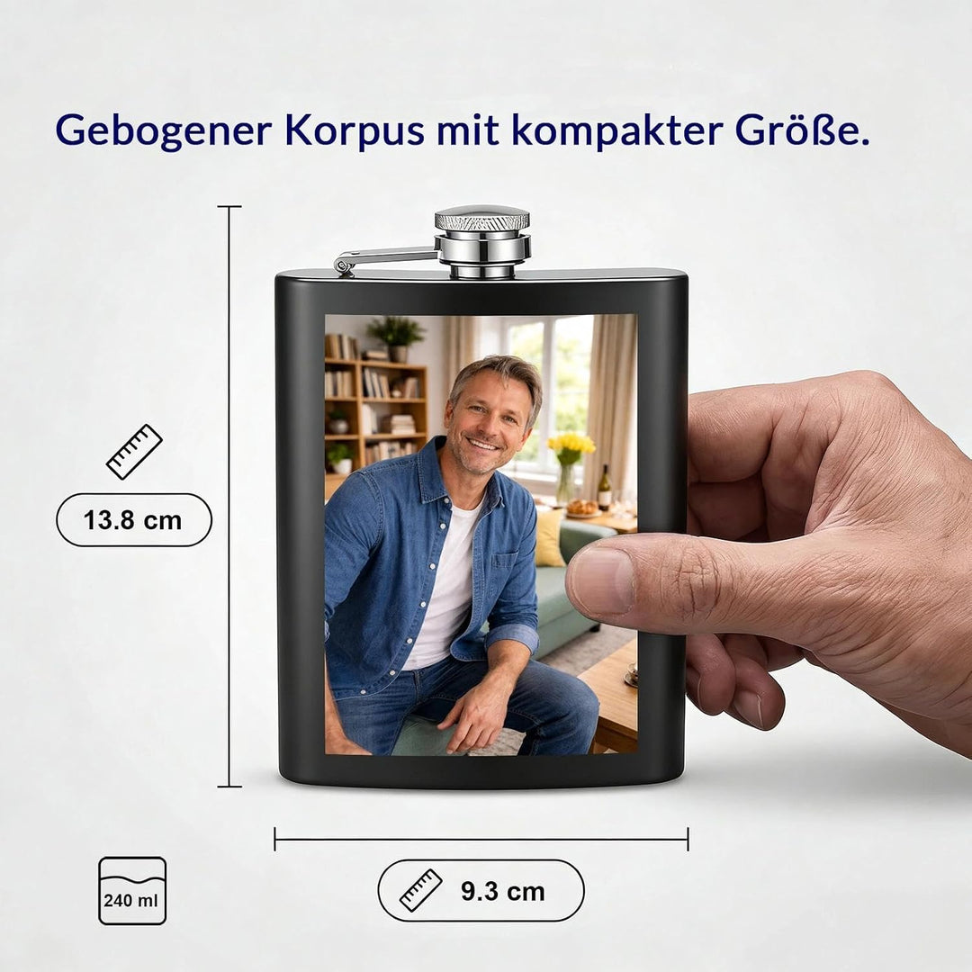 Personalisiert Flachmann mit Foto - Flachmann Edelstahl - Geeignet für Whiskey Rum und Wodka Partys