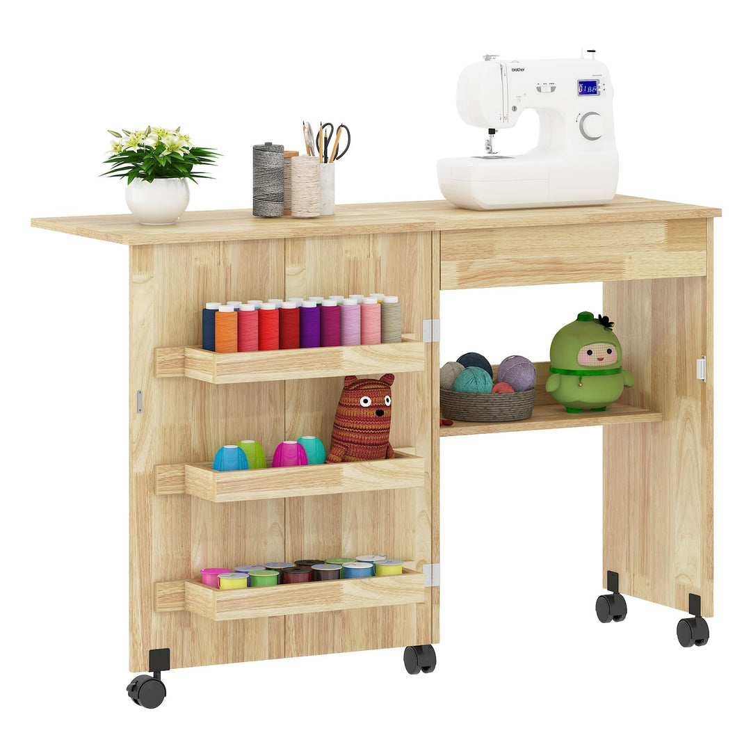 Nähtisch Klappbar, 2-in-1 Nähmaschinentisch, Nähmaschinenschrank mit Offenen Ablagefächern und Rolle