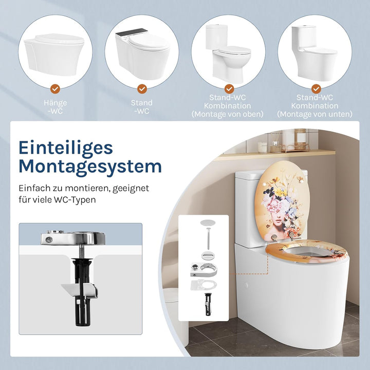 WOLTU Toilettendeckel mit Absenkautomatik MDF, Toilettensitz Klodeckel Klobrille WC Sitz O-Form mit