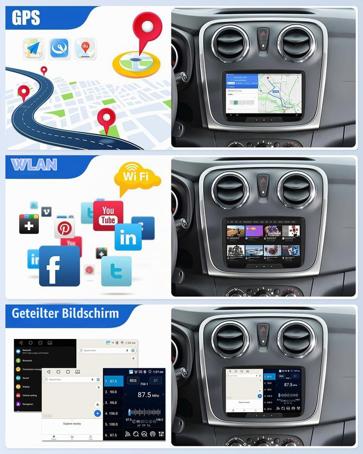 CAMECHO 4G+64G Android 15 Autoradio für Renault Dacia Dokker Logan Duster Sandero Lodgy mit Navi Car