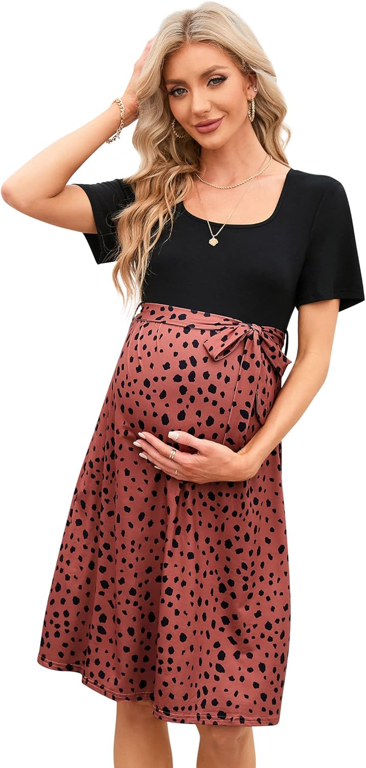 KOJOOIN Damen Elegant Umstandskleid Rundhalsausschnitt Stillkleid mit Haarball Festliches Schwangers