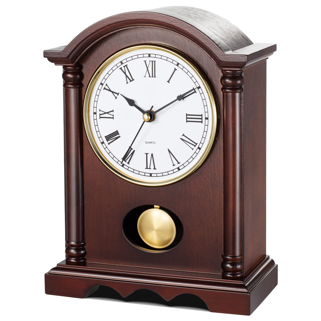 Klassische Kaminuhr – Elegante Tischuhr im Holzdesign mit goldfarbenem Pendel, Vintage Standuhr für