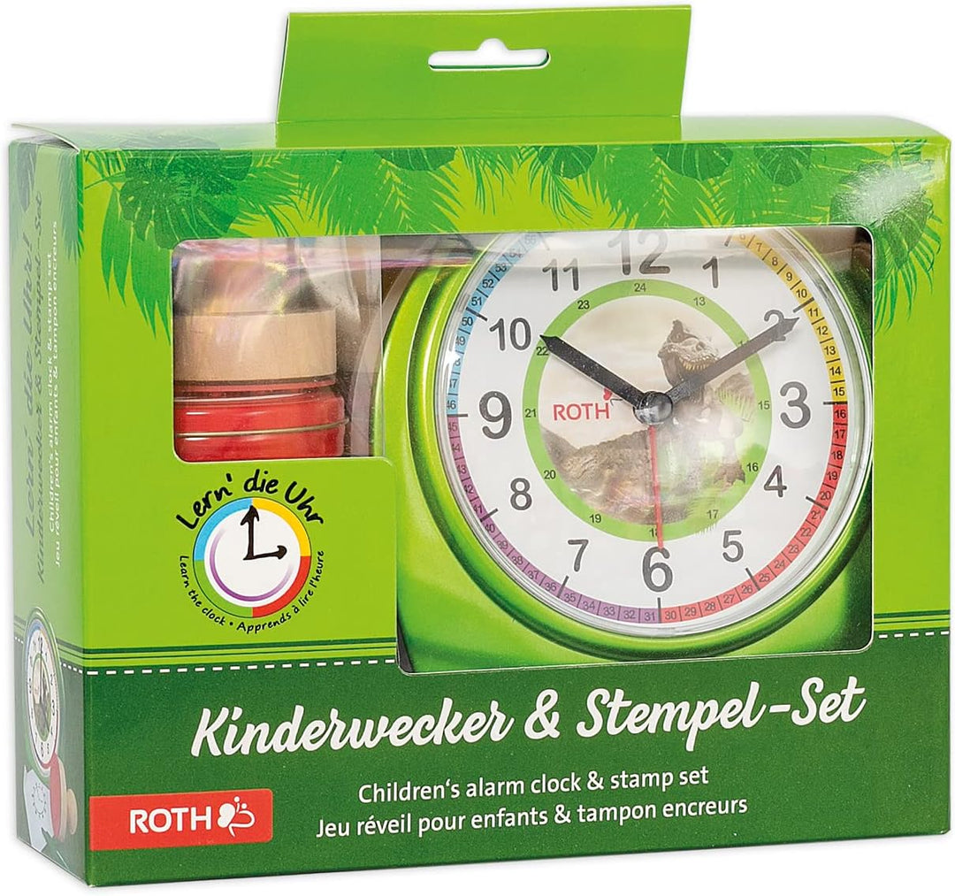 ROTH Lernuhr mit Stempelset Tyrannosaurus, Geschenkset aus Kinder-Wecker und Stempel mit Farbkissen