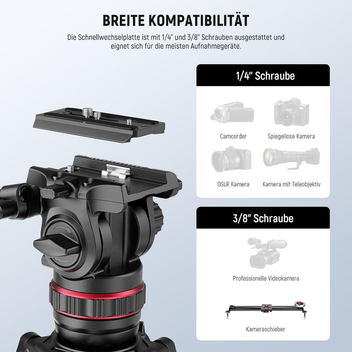NEEWER 78" Kamera Videostativ aus Carbonfaser mit dämpfendem, Fluidkopf, One Step Schnellverschluss,