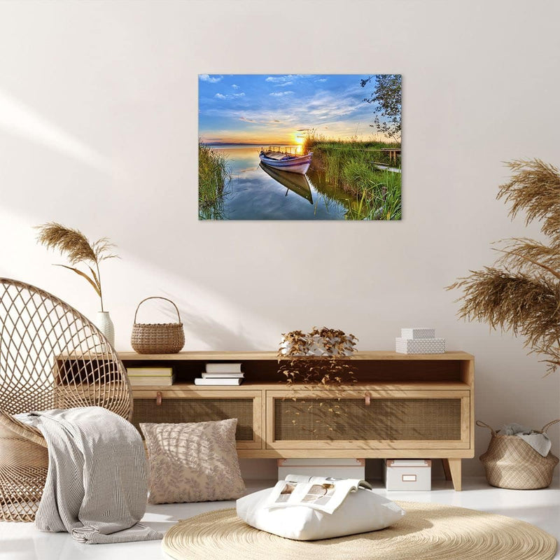 Bilder auf Leinwand See Boot Wasser Leinwandbild mit Rahmen 70x50cm Wandbilder Dekoration Wohnzimmer