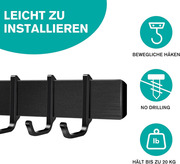 Poprkdre Hakenleiste Küche 40cm, Küchenhalterung ohne Bohren mit 7 abnehmbaren Haken, Aluminium küch