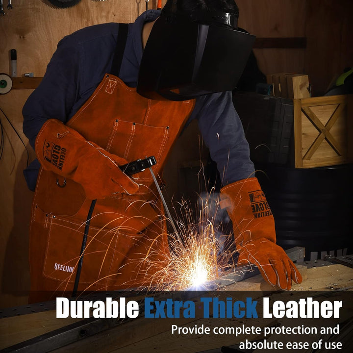 QeeLink Schweisserschürze Leder mit 6 Taschen, Lederschürze – Flammhemmende & Hitzebeständige Arbeit